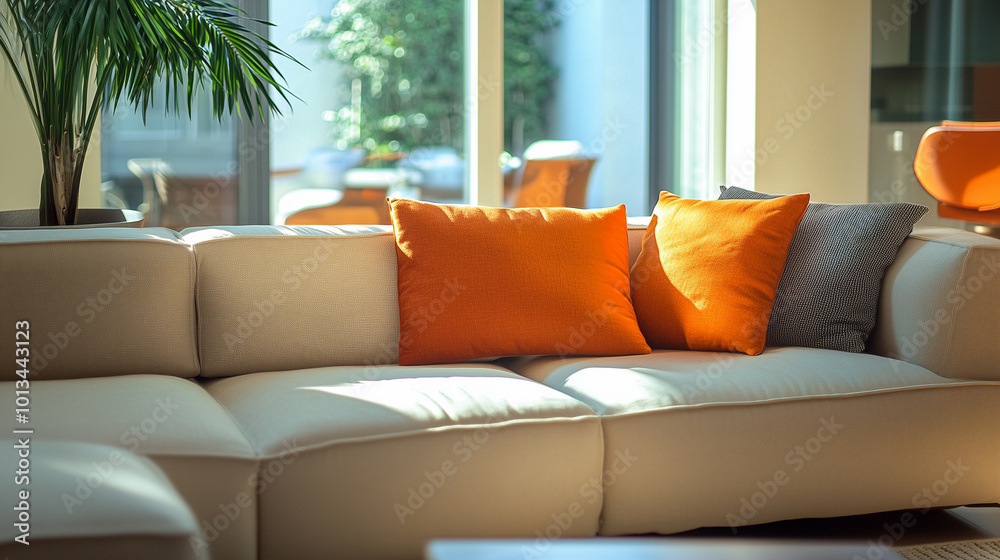 Fototapeta premium Modern Beige Sofa with Orange Pillows in Sunny Room