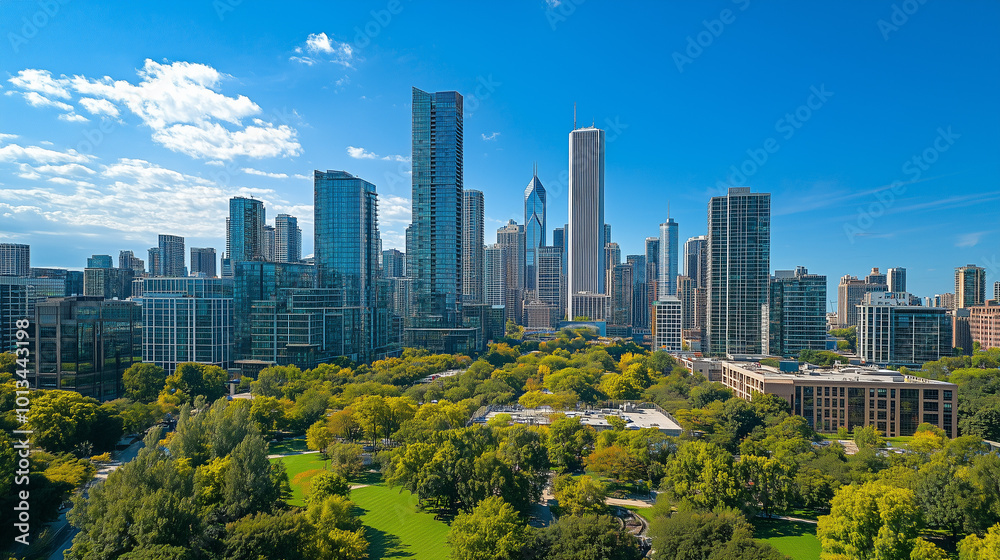 Fototapeta premium City Skyline and Skyscrapers Under Blue Sky and White Clouds Aerial View