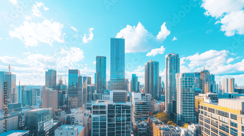 City Skyline and Skyscrapers Under Blue Sky and White Clouds Aerial View