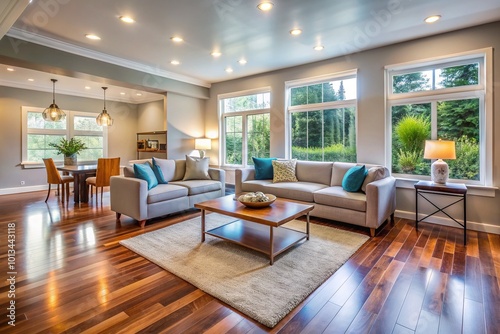 Modern renovated living room with freshly painted walls, new hardwood floors, and sleek windows, showcasing a bright, airy, and spacious interior design layout.