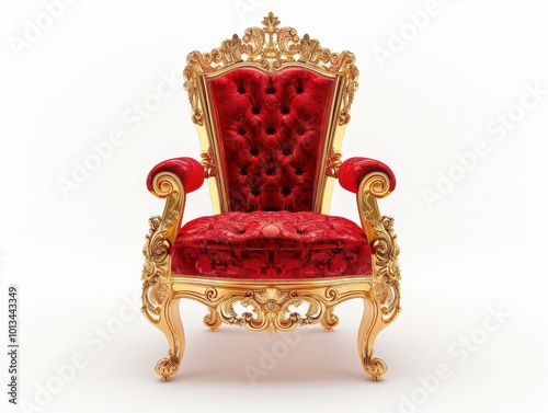 majestic royal seat ornate golden throne with intricate carvings and plush red velvet upholstery, isolated on pristine white background, exuding regal power and timeless luxury