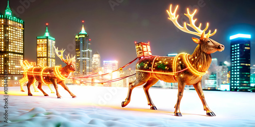 Futuristic 3D Glowing Reindeer Pulling Sleigh Through Neon Winter Cityscape - Festive Digital Art for Holiday Ads