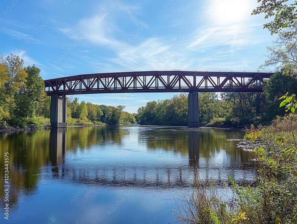 Naklejka premium majestic steel bridge arching over a calm river, low-angle view framed by a brilliant azure sky, sunlight glinting off its sturdy structure