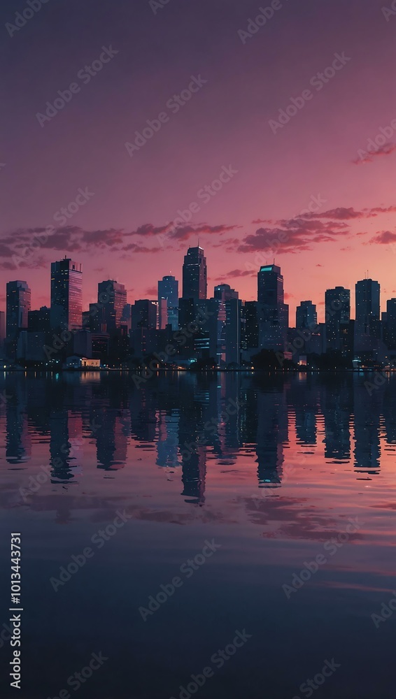 Vaporwave twilight featuring a city skyline reflected on calm waters. Vaporwave twilight featuring a city skyline reflected on calm waters.