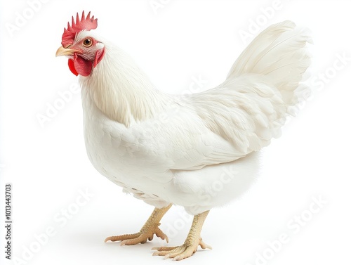 majestic white chicken with iridescent feathers posed elegantly against a pure white background, emphasizing its regal stature and detailed plumage