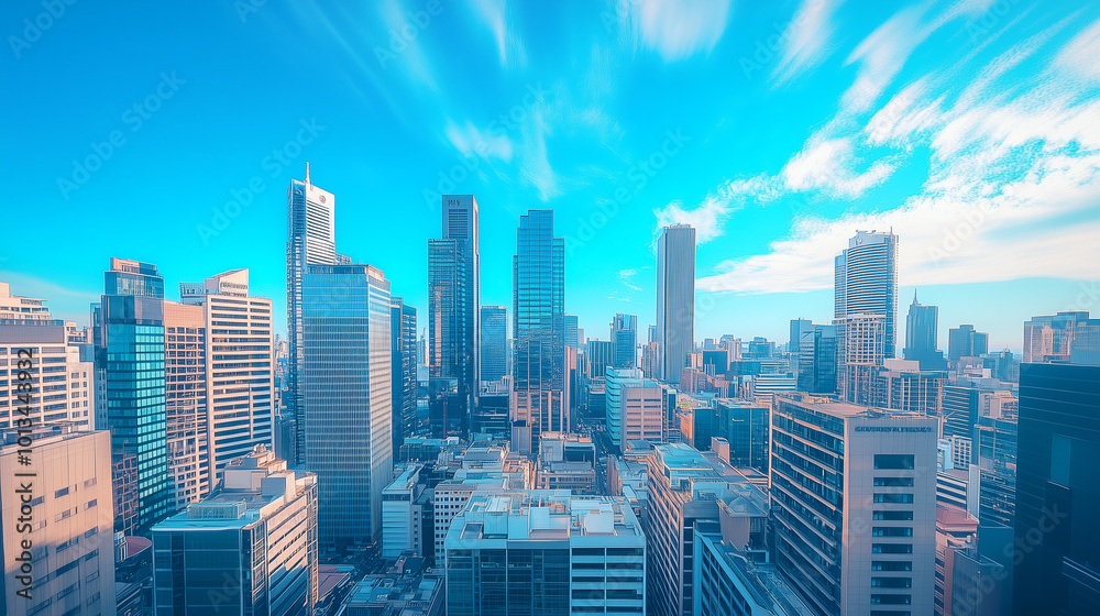 Fototapeta premium City Skyline and Skyscrapers Under Blue Sky and White Clouds Aerial View