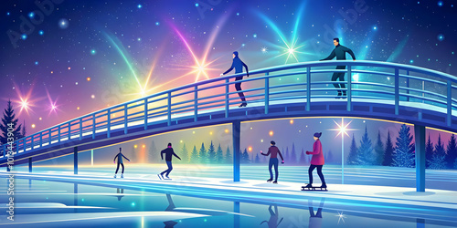 Flat Vector Illustration of a Glowing Snow-Covered Bridge with Ice Skaters in a Vibrant Winter Landscape for Winter-Themed Advertisements photo