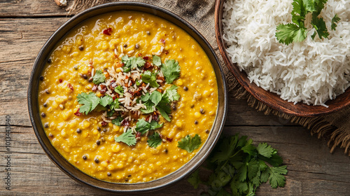 Yellow dal tadka with rice top view 