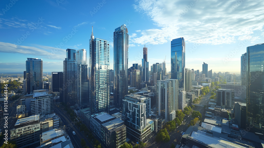 City Skyline and Skyscrapers Under Blue Sky and White Clouds Aerial View City Skyline and Skyscrapers Under Blue Sky and White Clouds Aerial View