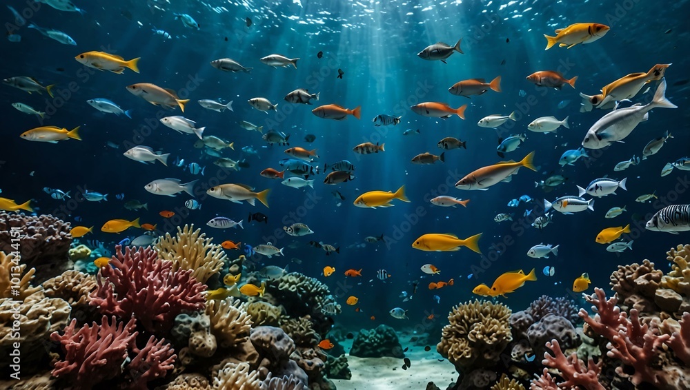 Fototapeta premium Vibrant fish and marine creatures swimming in Busan Aquarium.