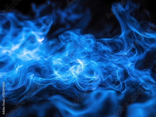 mesmerizing blue flame dancing against pitch-black background, high-speed photography capturing intricate fire patterns and ethereal wisps of smoke