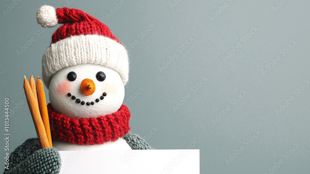 A cheerful snowman wearing a red and white hat smiles while holding sticks, set against a soft, light blue background. A cheerful snowman wearing a red and white hat smiles while holding sticks, set against a soft, light blue background.