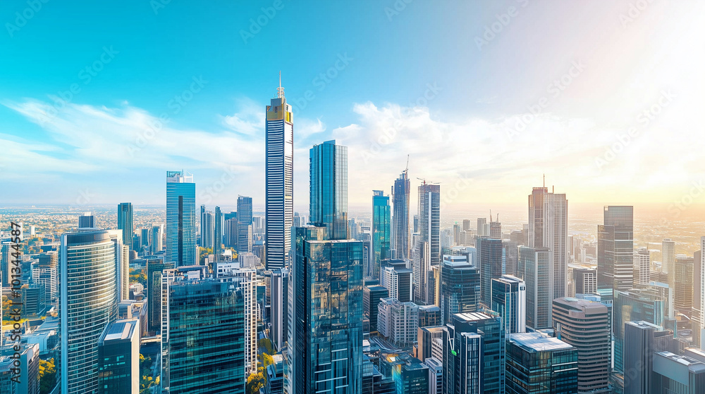 Obraz premium City Skyline and Skyscrapers Under Blue Sky and White Clouds Aerial View
