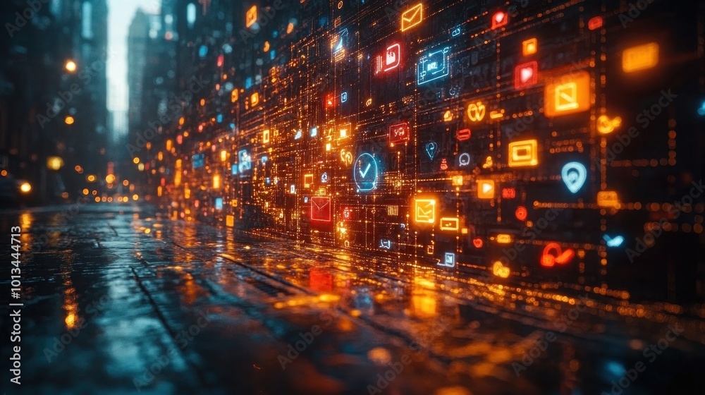 Fototapeta premium Digital Workspace with Social Media Icons - Digital Marketing Concept