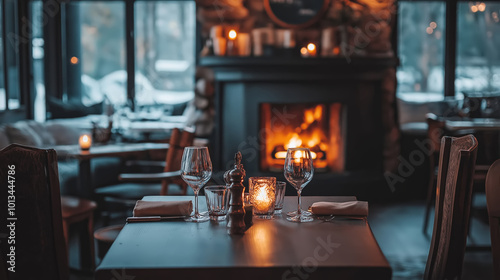 Cozy restaurant setting, candlelit dinner for two, warm fireplace ambiance, elegant glassware, intimate dining experience concept