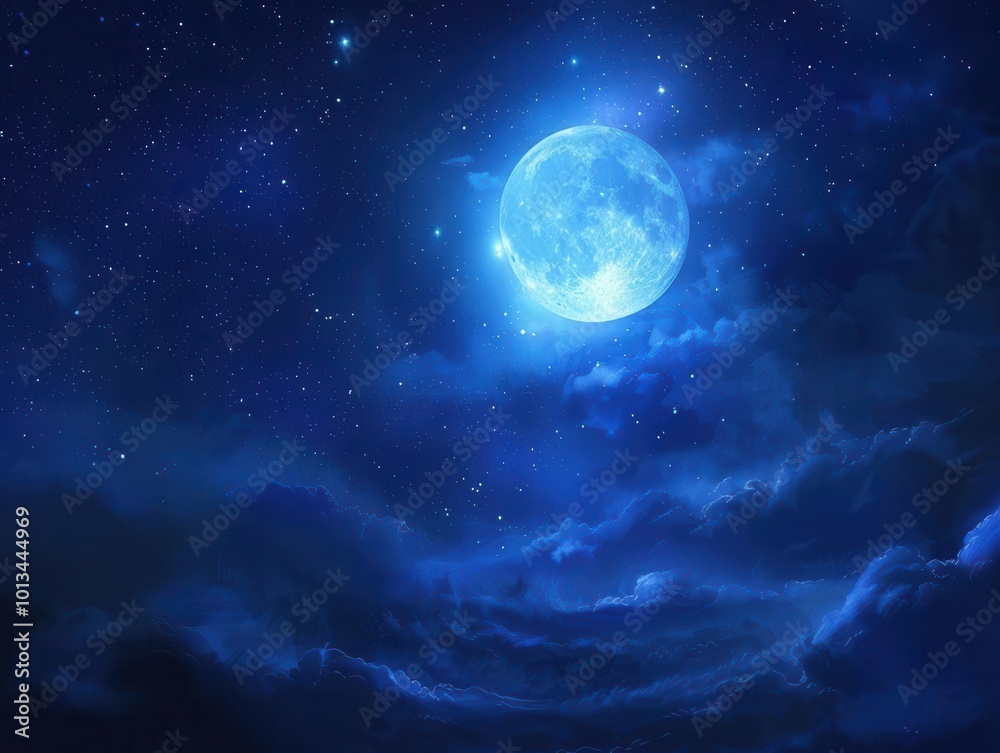 mesmerizing moonlit sky full moon illuminating wispy clouds, stars twinkling in deep blue night, creating a serene and dreamy celestial landscape with subtle gradients of light mesmerizing moonlit sky full moon illuminating wispy clouds, stars twinkling in deep blue night, creating a serene and dreamy celestial landscape with subtle gradients of light