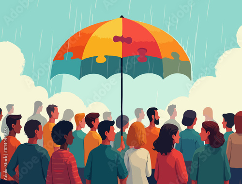 Regenschirm schützt eine Gruppe von Menschen vor dem Regen