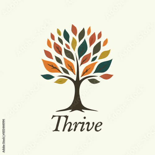 Ein stilisierter Baum mit bunten Blättern und dem Schriftzug Thrive. Inklusion Schaubild.