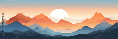 Minimalistic stylized landscape, mountain sunrise and sun, vector illustration, panoramic view	
