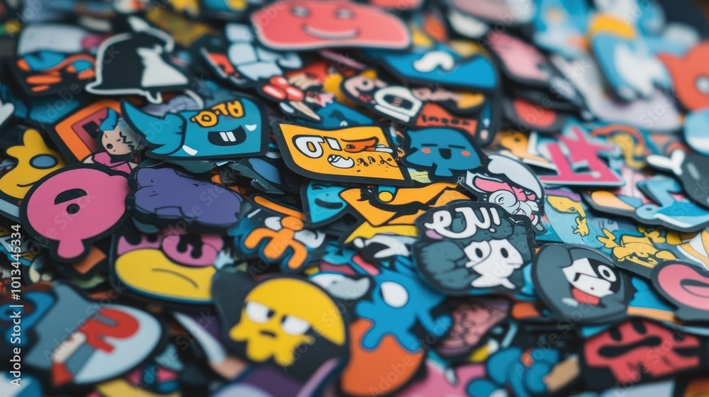 Fototapeta premium Vibrant Pile of Colorful Stickers with Cartoon Characters, Symbols, and Logos
