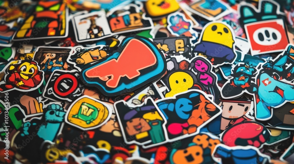 Vibrant Pile of Colorful Stickers with Cartoon Characters, Symbols, and Logos Vibrant Pile of Colorful Stickers with Cartoon Characters, Symbols, and Logos