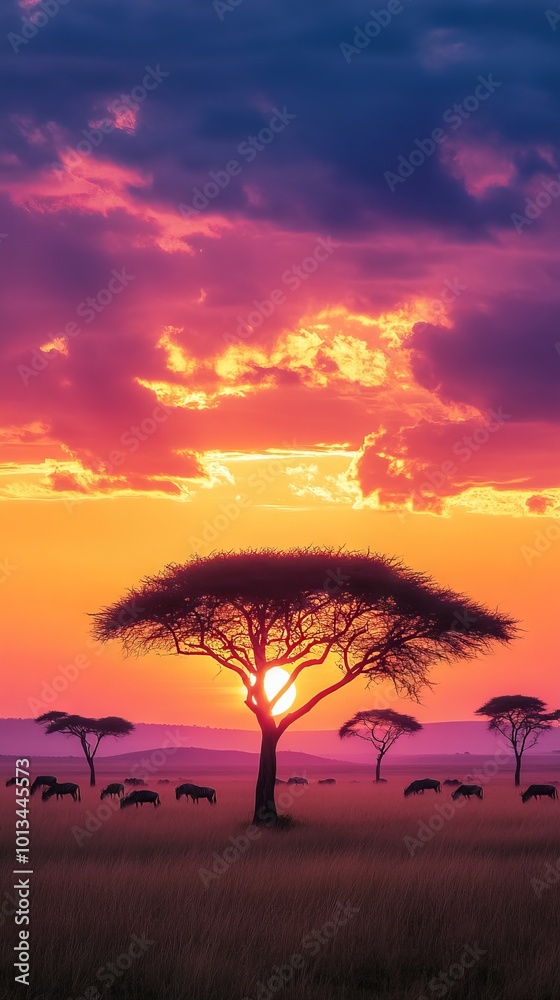 Silhouette of a tree at sunset in the savanna Silhouette of a tree at sunset in the savanna