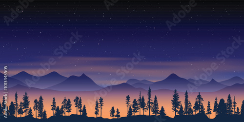 Night winter landscape, forest and mountains on the background of starry sky, vector illustration