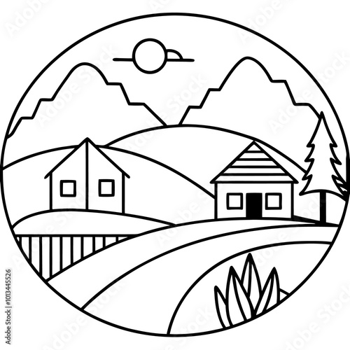 rural landscape outline coloring book page line art drawing