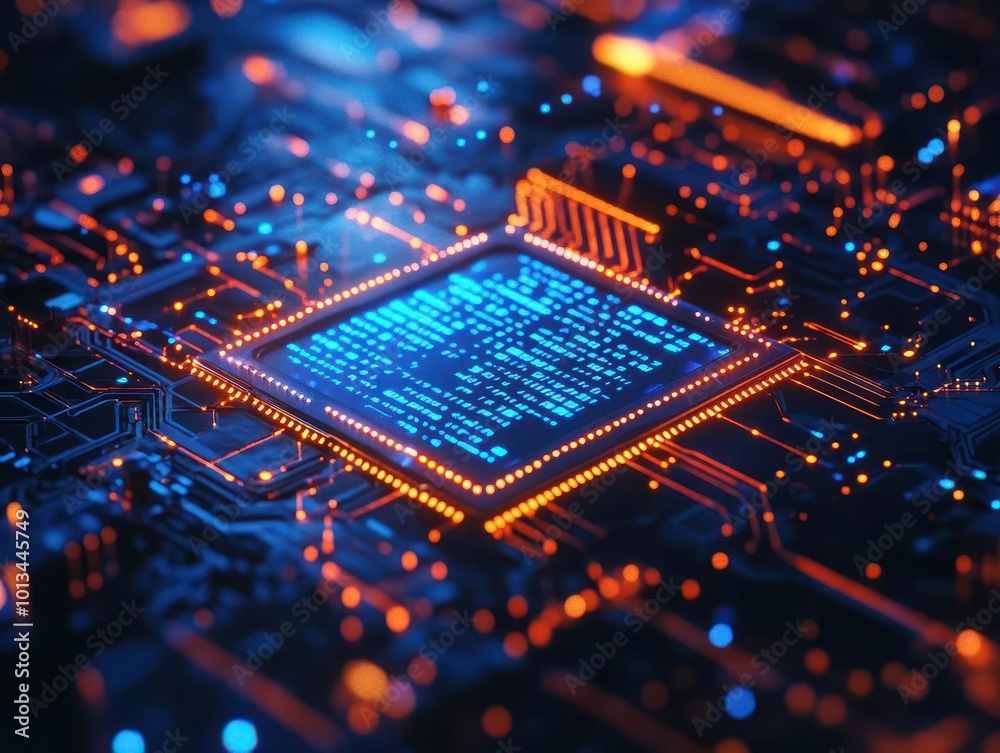 Obraz premium microscopic view of an ai chip with glowing circuitry. neon blue text and data streams flow across its surface. futuristic design blends organic and technological elements.