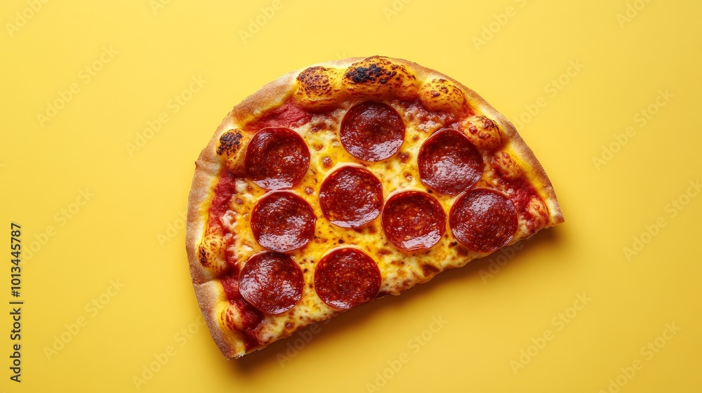 A slice of pepperoni pizza is cut in half and placed on a yellow background A slice of pepperoni pizza is cut in half and placed on a yellow background