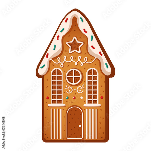 Gingerbread house decorated with icing flat color vector object. Tasty cookie creating cozy holiday atmosphere illustration on white background