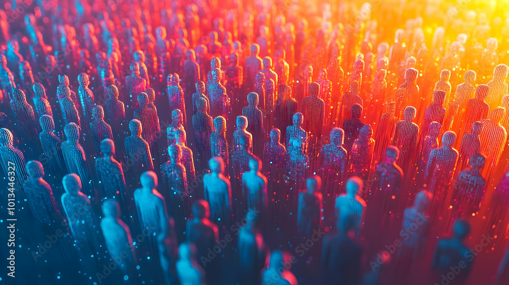Obraz premium 3D Glowing Abstract Crowd Symbolizing Diversity and Equality for Human Rights Day - Vibrant Human Figures Community Concept with Rich Colors
