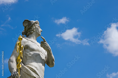Part view of a statue of greek god Hermes