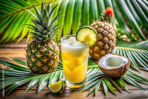 Tropical cocktail with pineapple and coconut for summer refreshment photo