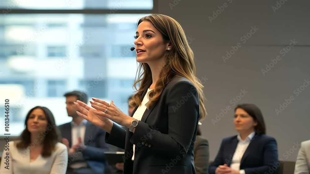 A business conference featuring a female tech leader discussing key topics with a male speaker in front of an audience of international professionals, showcasing global collaborati