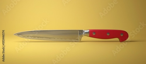 Close up of a modern minimalist red handled kitchen knife isolated on a plain yellow background  The sharp steel blade and simple design give the image a clean graphic look photo