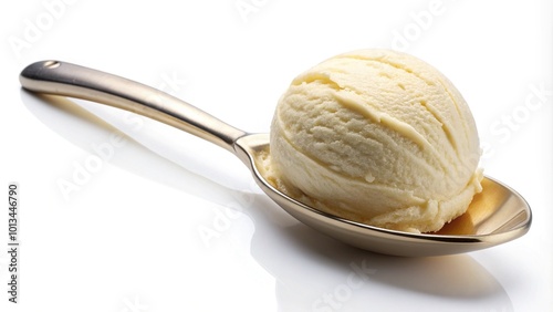 Vanilla ice cream scoop with metallic spoon, showcasing creamy texture, isolated on a white background, perfect for depicting a refreshing cold summer dessert or sweet treat.