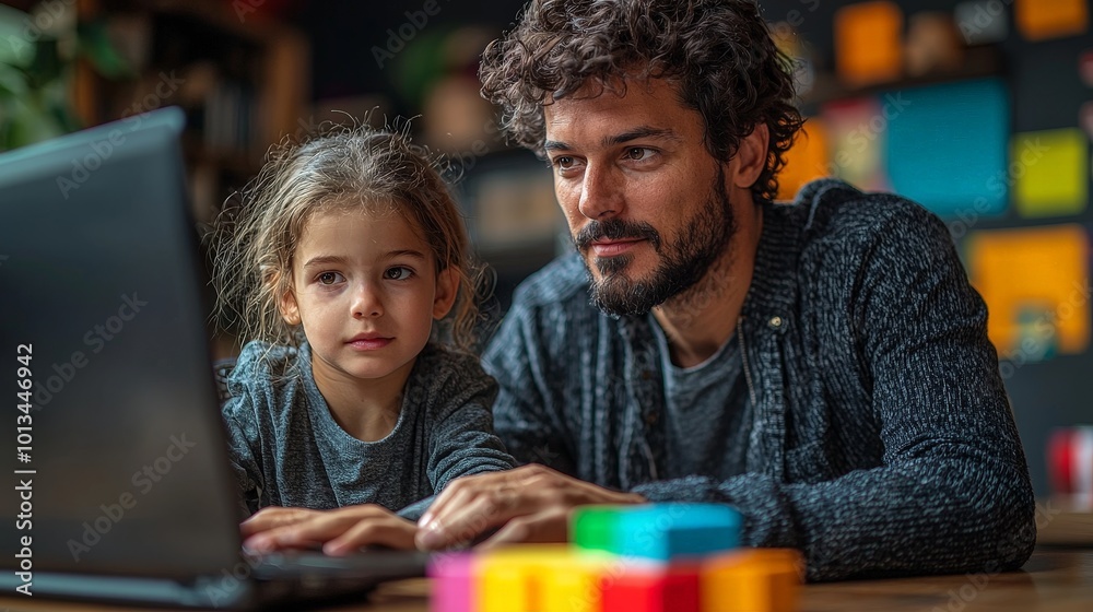 A man and a child engage with a laptop, surrounded by colorful building blocks.