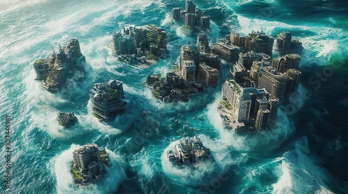 terraformed ocean planet with floating cities. aerial view of massive wave patterns surrounding high-tech archipelagos suspended above the water. photo