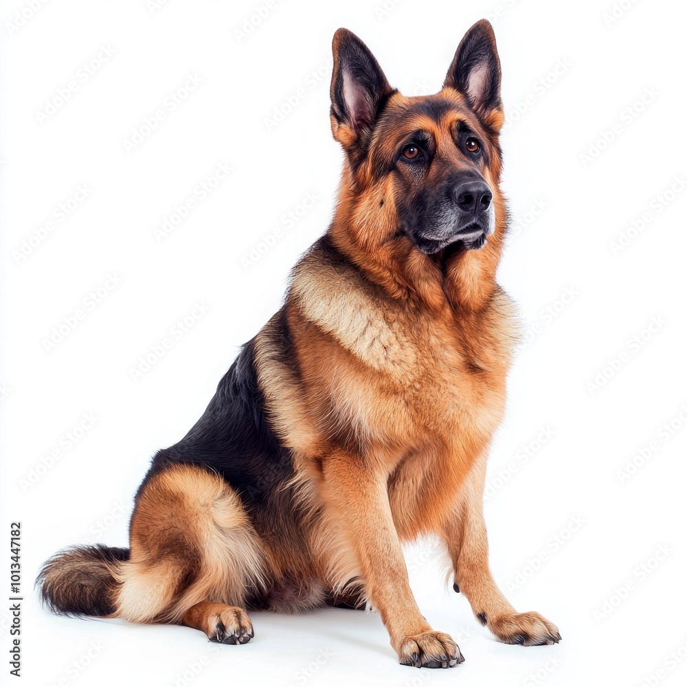 German shepherd sits attentively, its sharp features and intelligent eyes revealing a loyal and alert demeanor. The simplicity of the white backdrop accentuates its elegance. German shepherd sits attentively, its sharp features and intelligent eyes revealing a loyal and alert demeanor. The simplicity of the white backdrop accentuates its elegance.