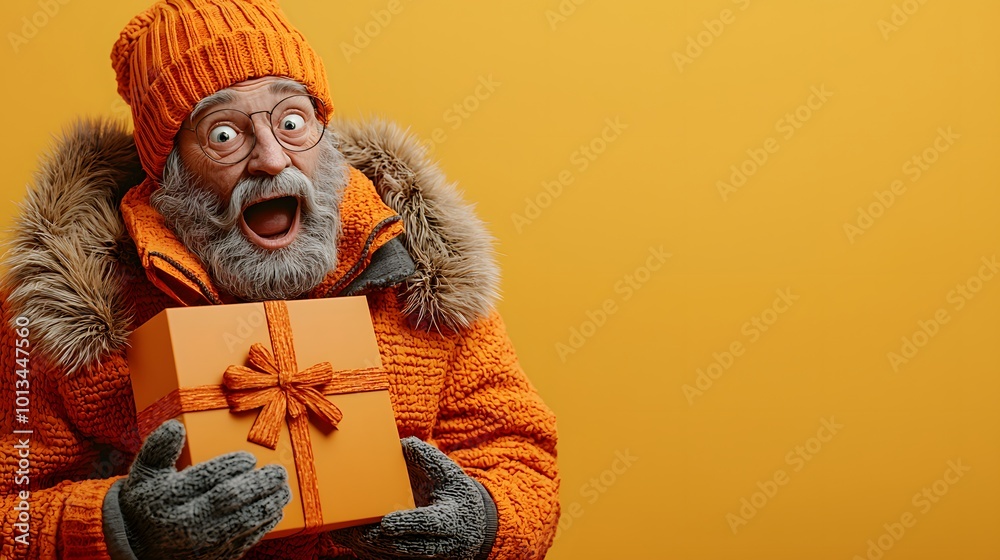Fototapeta premium Surprised Old Man Opening a Gift with Joyful Expression