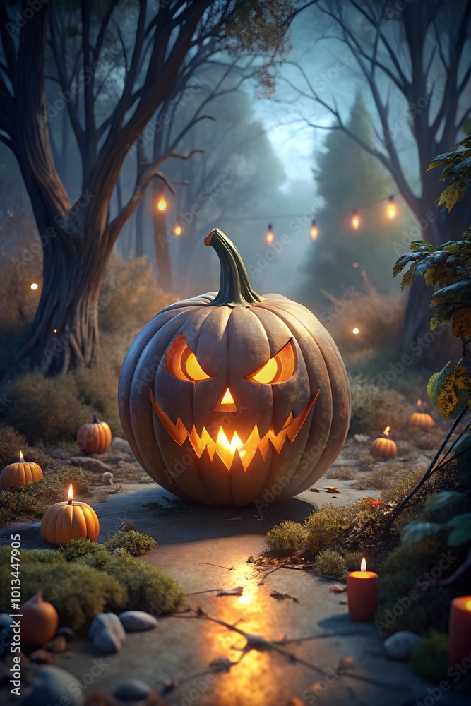 evil pumpkin with carved scary eyes in the mysterious forest halloween evil pumpkin with carved scary eyes in the mysterious forest halloween