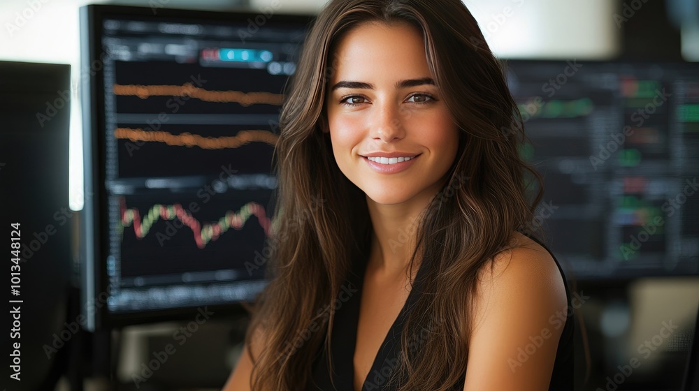 Portrait of a Smiling Female Trader at Her Desk with Trading Charts Portrait of a Smiling Female Trader at Her Desk with Trading Charts