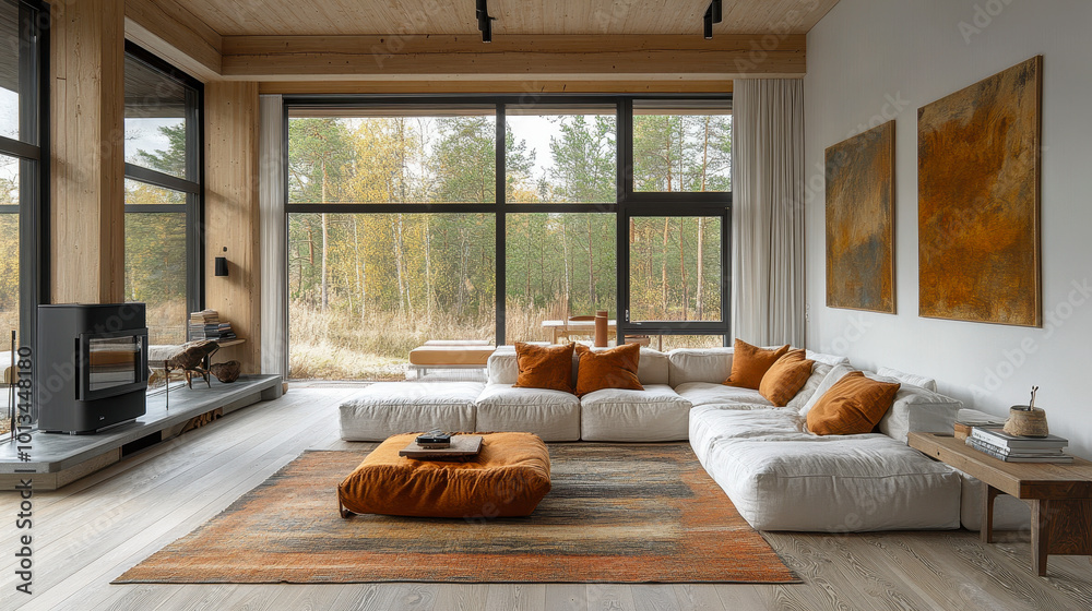 Modern Scandinavian Living Room with Large Windows, Comfortable Sofa, and Nature-Inspired Decor on a Bright Day Modern Scandinavian Living Room with Large Windows, Comfortable Sofa, and Nature-Inspired Decor on a Bright Day