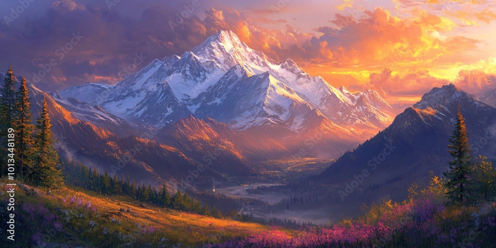 Obraz premium Majestic snow-capped mountain peak against a fiery sunset sky, with lush green forests and blooming wildflowers in the foreground.