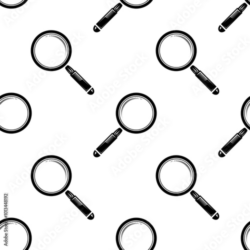 Vector magnifying glass, search icon seamless pattern. Magnifier, big tool instrument. Magnifier loupe search. Business Analysis symbol.