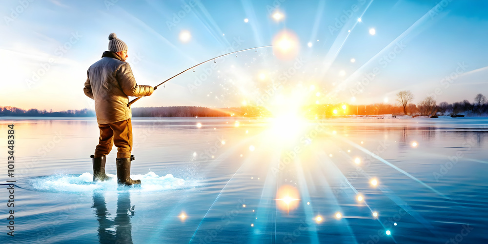 Flat Glowing Abstract Ice Fisherman on Frozen Lake: Radiant Digital Elements in a Neon Winter Landscape - Perfect for Winter Activities Promotion Flat Glowing Abstract Ice Fisherman on Frozen Lake: Radiant Digital Elements in a Neon Winter Landscape - Perfect for Winter Activities Promotion
