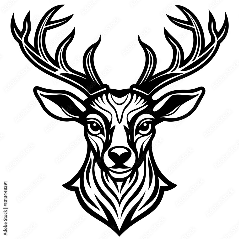 Deer mascot vector art. Frontal symmetric image of deer looking dangerous. Vector deer icon. Deer mascot vector art. Frontal symmetric image of deer looking dangerous. Vector deer icon.
