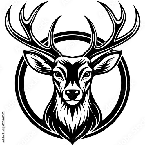 Deer mascot vector art. Frontal symmetric image of deer looking dangerous. Vector deer icon.