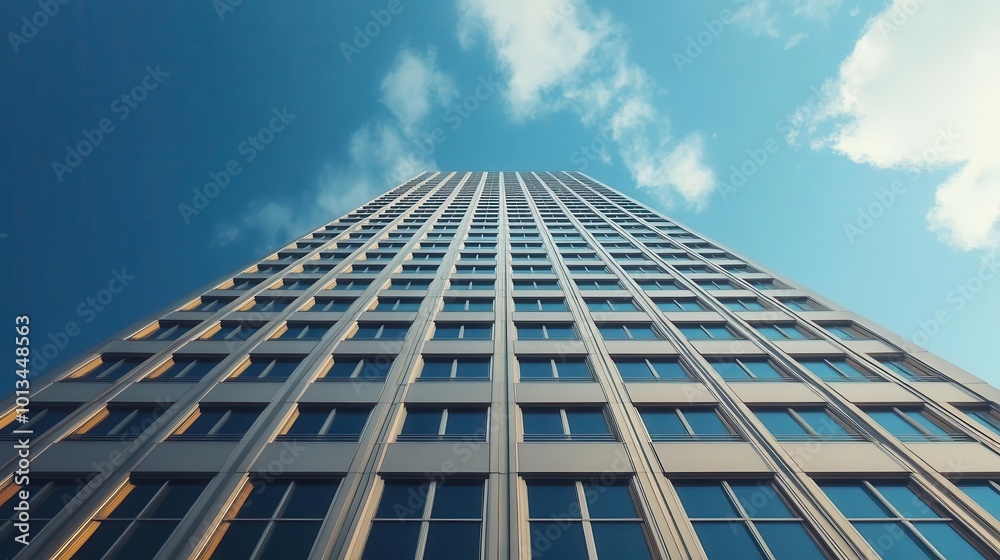 towering skyscraper with unique geometric facade, photographed from street level, dramatic perspective against blue sky towering skyscraper with unique geometric facade, photographed from street level, dramatic perspective against blue sky
